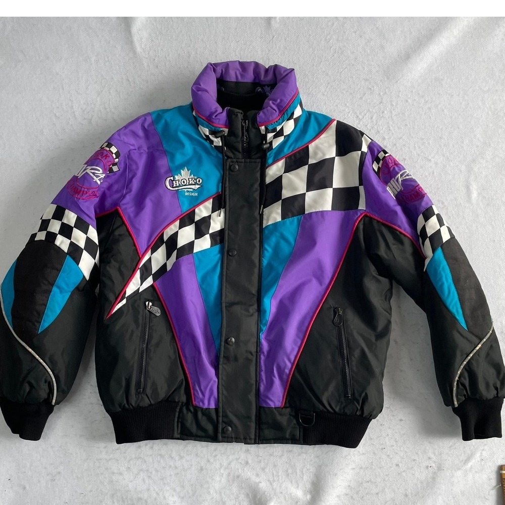 Choko Pro Racing Jacket Mens Large Purple Teal Checkered Snowmobile Racing